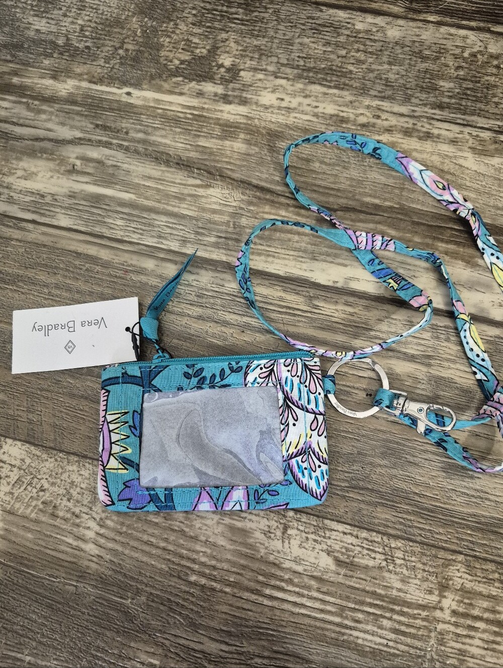 Vera Bradlel Peacock Garden ID Wallet with Lanyard Teal Floral
